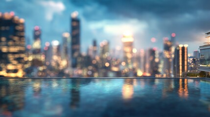Blurred modern city skyline background, futuristic skyscrapers, rooftop pool in soft focus, neon lights glowing, dreamy urban blur effect, wide blank copy space for text overlay, stylish travel.