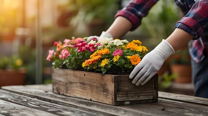 Gardening scene with hands in gloves arranging a rustic wooden planter box filled with vibrant blooming flowers on a weathered outdoor table, capturing warm natural light and the joy of nurturing colo