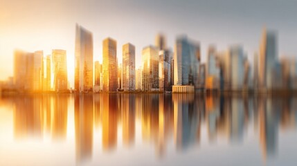 Obraz premium Blurred modern financial district skyline background, tall glass skyscrapers, golden sunset glow reflecting, dreamy haze effect, smooth blur, large blank copy space for promotional text, professional.