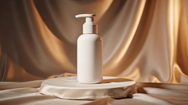 Stylish luxury pump bottle mockup with silk fabric textures and cinematic dolly shot
