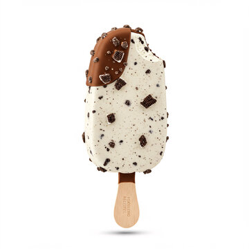 Cookies & cream ice cream bar with chocolate chunks embedded, white background