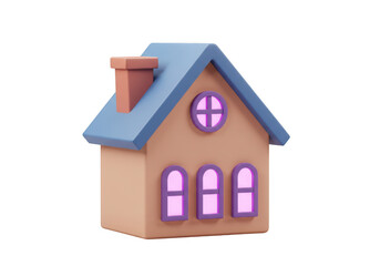 Charming 3d cartoon house model with glowing purple windows and chimney isolated on transparent background