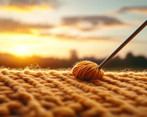 creative concept stock image - Close-Up of Knitting Needles and Yarn in Warm Sunset Light cozy lifestyle aesthetic photography
