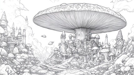 Fantasy mushroom city illustration with large cap housing many buildings, fantasy art, possible book cover