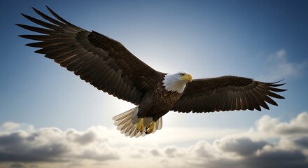 Fototapeta premium Majestic Bald Eagle Soaring Through a Cloudy Sky with Wings Spread Wide