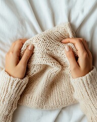 trending cozy winter fashion - Cozy Knitted Sweater Held by Hands on White Bedding cozy lifestyle aesthetic photography