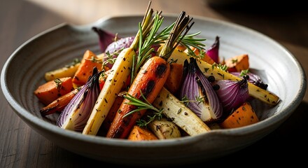 Roasted Vegetables with Rosemary and Spices in a Bowl.