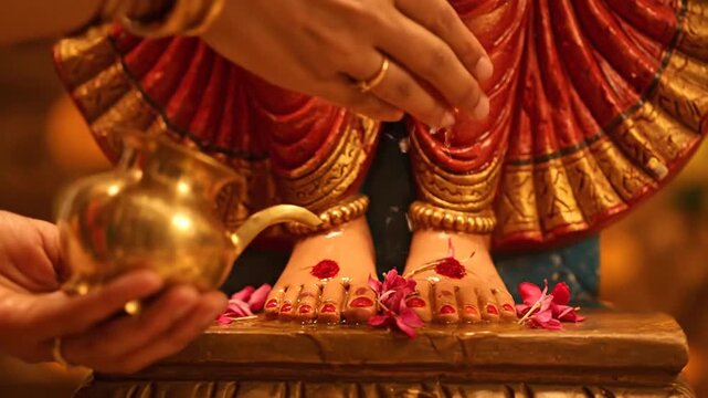 Close-up of a person pouring water on the feet of a statue adorned with flowers and jewelry.