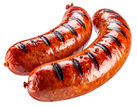 Juicy Grilled Sausage with Char Marks Floating Mid Air – PNG Isolated