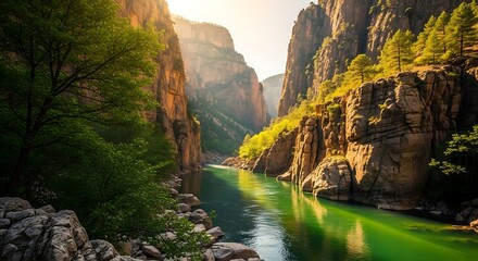 Fototapeta premium Scenic Green River Flows Through a Majestic Canyon with Sunlight