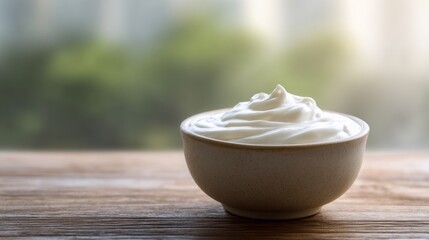 Blurred plain yogurt background, smooth creamy texture in ceramic bowl, rustic wooden table in soft blur, natural morning light, minimal clean design, wide copy space for text overlay.