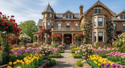 Victorian house garden estate luxury home real estate property flowers roses tulips landscaping architecture