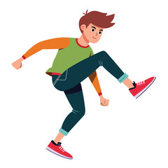 Energetic young guy in sneakers kicking his leg up high, showing dynamic motion, strength, and physical fitness.
