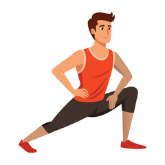 Fit young man in athletic clothes doing a deep hip flexor stretch, preparing his body for fitness, exercise, and training.