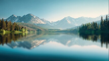 Blurred scenic mountain background, snow-capped peaks, pine forest, calm lake, soft morning light with dreamy haze, smooth gradient blur, wide open sky with copy space for headline text.