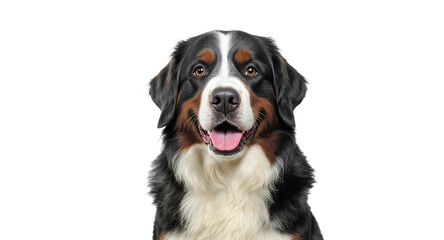 A friendly dog portrait looking at the viewer with open mouth and pink tongue