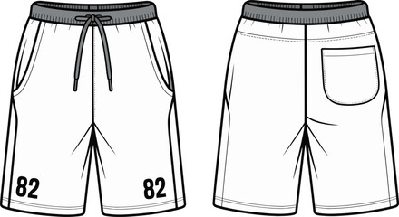 Men&rsquo;s shorts front and back CAD drawing flat vector, fashion design template, casual wear technical sketch, athletic clothing mockup