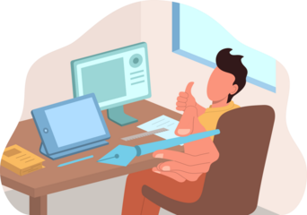 Graphic Designer at Desk with Computer and Tablet Displaying Thumbs Up Gesture in Transparent Background