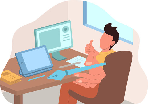 Graphic Designer at Desk with Computer and Tablet Displaying Thumbs Up Gesture in Transparent Background
