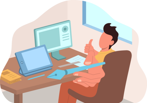 Graphic Designer at Desk with Computer and Tablet Displaying Thumbs Up Gesture in Transparent Background