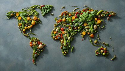 A world map meticulously crafted from fresh fruits and vegetables, showcasing the global bounty of healthy food options and the interconnectedness of our planets diverse produce