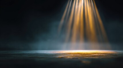 Blurred stage background with golden spotlight shining down, dramatic light beams cutting through haze, dreamy soft blur, dark minimal composition, wide blank copy space for text placement.