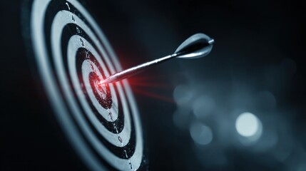 Blurred target board with arrow hitting bullseye, glowing light rays, dreamy blur effect, minimal style, wide blank copy space for headline text, perfect metaphor for goal achievement and success.