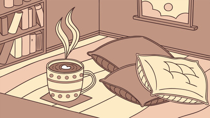 Cozy Home Vibes with a Steaming Latte, Minimalist Line Art Illustration for Coffee and Relaxation.