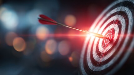 Blurred target board with arrow hitting bullseye, glowing light rays, dreamy blur effect, minimal style, wide blank copy space for headline text, perfect metaphor for goal achievement and success.