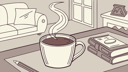 Cozy Home Vibes with a Steaming Latte, Minimalist Line Art Illustration for Coffee and Relaxation.