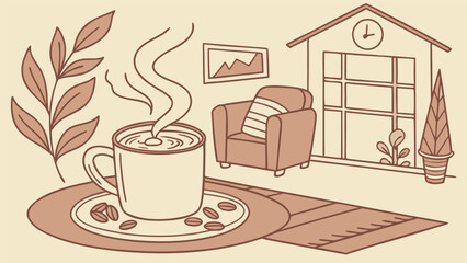 Cozy Home Vibes with a Steaming Latte, Minimalist Line Art Illustration for Coffee and Relaxation.