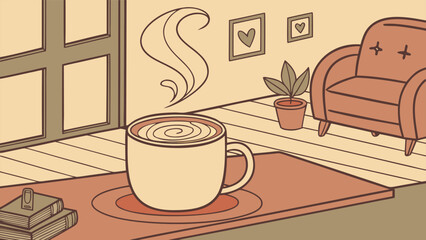 Cozy Home Vibes with a Steaming Latte, Minimalist Line Art Illustration for Coffee and Relaxation.
