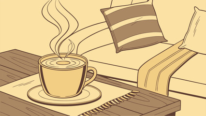 Cozy Home Vibes with a Steaming Latte, Minimalist Line Art Illustration for Coffee and Relaxation.