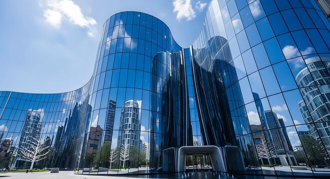 Modern architecture: Curved glass facade reflecting blue sky and city buildings, modern office.