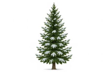 Winter spruce tree covered in snow on transparent background