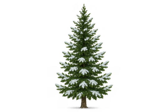 Winter spruce tree covered in snow on transparent background
