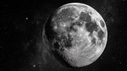 Obraz premium Close-up of the full gray lunar sphere, showing detailed craters against a starry cosmos