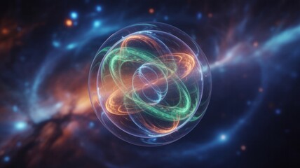 Fototapeta premium Vibrant atom model with glowing rings against a backdrop of cosmic dust, ideal for science concepts and futuristic themes, showcasing cutting-edge innovation
