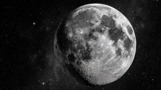 Close-up of the full gray lunar sphere, showing detailed craters against a starry cosmos