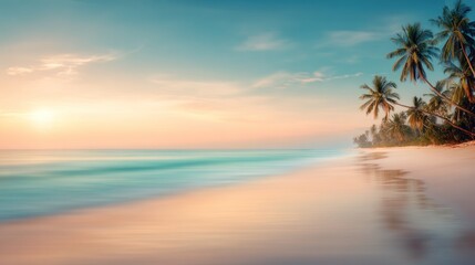 Blurred tropical beach background, soft turquoise ocean, white sand, palm trees swaying, dreamy warm sunset glow, smooth bokeh blur, wide blank area with copy space for text placement, minimal clean.