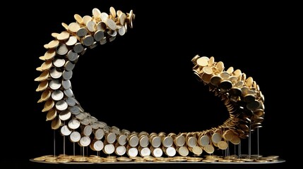 A helix-shaped sculpture with embedded tokens at each twist marking profit peaks, cash reserves, and client repeats--symbolizing growth spiraling upward through loyal cycles.