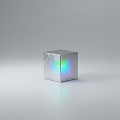 Fototapeta premium Metallic Cube with Iridescent Reflection on Gray Background