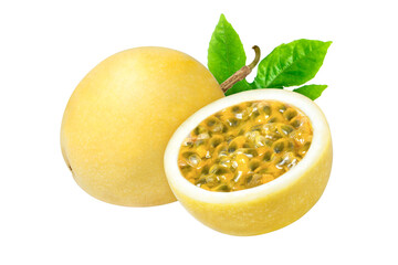 Yellow passion fruit with leaf on white