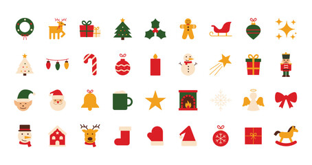 Christmas festive elements set flat vector illustration. Minimalist xmas icon drawings. Holiday decoration