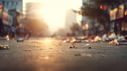 Fototapeta premium Blurred urban street background with scattered trash and plastic waste, warm sunlight haze, slightly desaturated tone, dreamy soft blur, minimal composition with wide blank copy space for text.