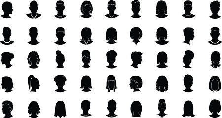 Black silhouette vector icons of diverse human head profiles with different hairstyles, face shapes, ponytails, buns, short and long hair