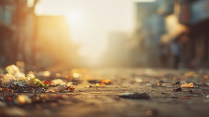 Blurred urban street background with scattered trash and plastic waste, warm sunlight haze, slightly desaturated tone, dreamy soft blur, minimal composition with wide blank copy space for text.