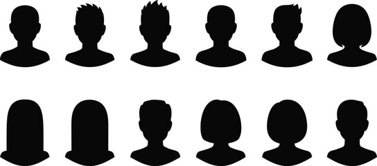 Black silhouette profile heads with diverse hairstyles, fashion haircut icons, vector illustration set for beauty, barber, salon, style, design concepts