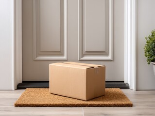 A brown cardboard package is delivered and placed on a coir welcome mat at the entrance of a house.