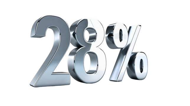 3D metallic number and percent sign for finance and sale graphics. 3d text, glossy typography, 3d rendering, sale discount, Isolated on transparent background, png